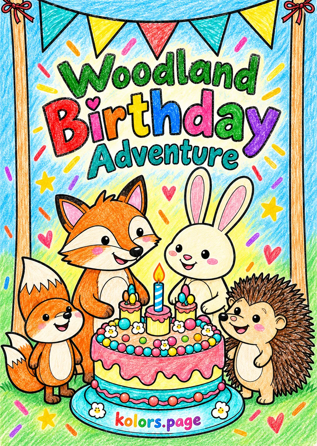 Sample Woodland Birthday Adventure cover with four woodland animals and a bright birthday cake, colored in pencil