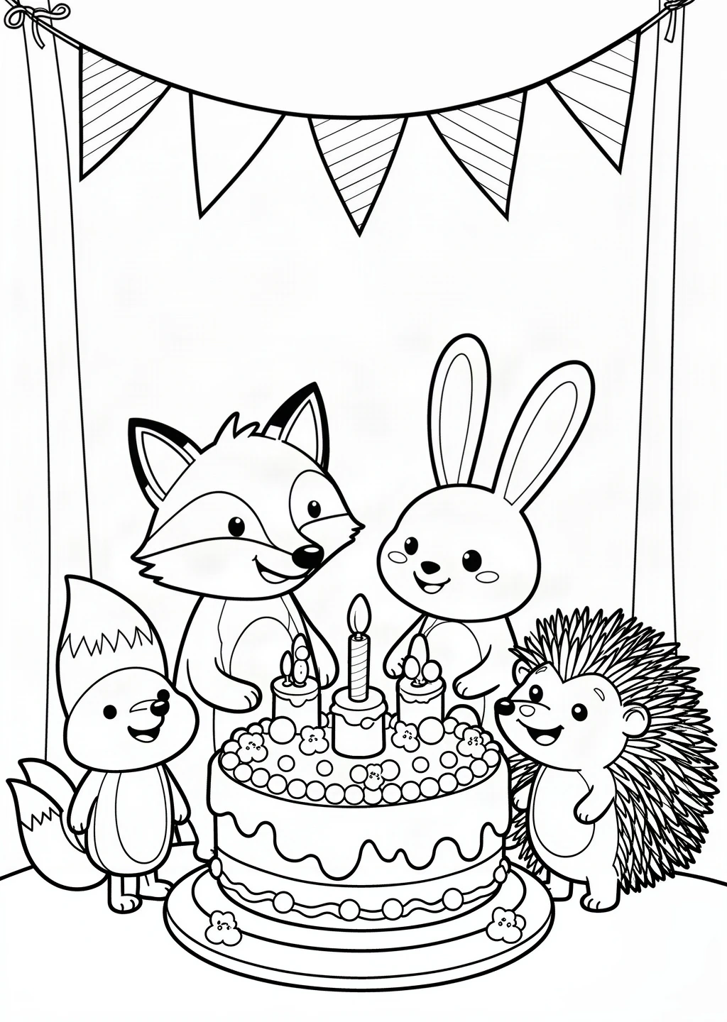 Black-and-white printable of four woodland animals around a birthday cake under bunting