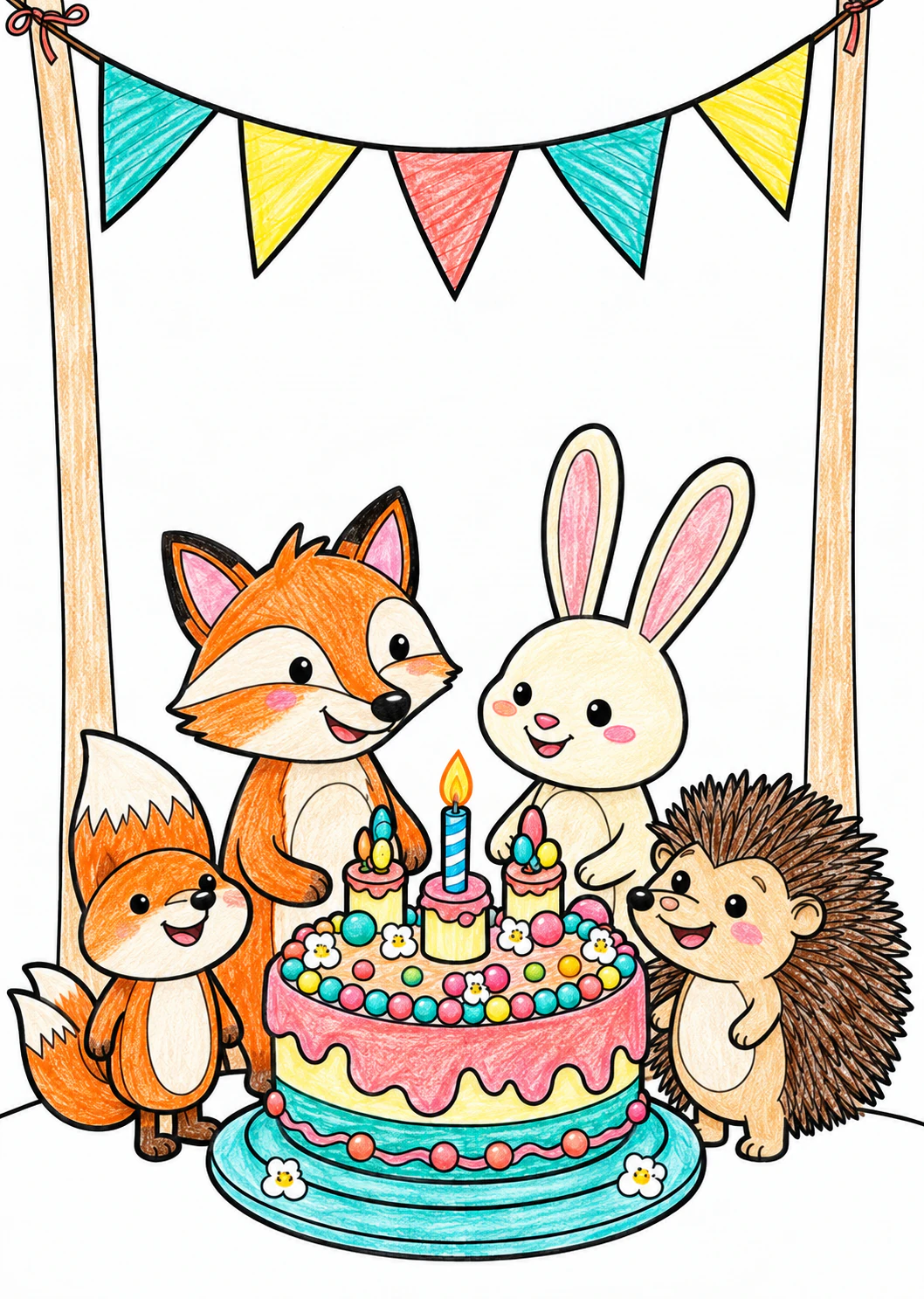 Illustrative colored-pencil version of four woodland animals around a birthday cake under bunting