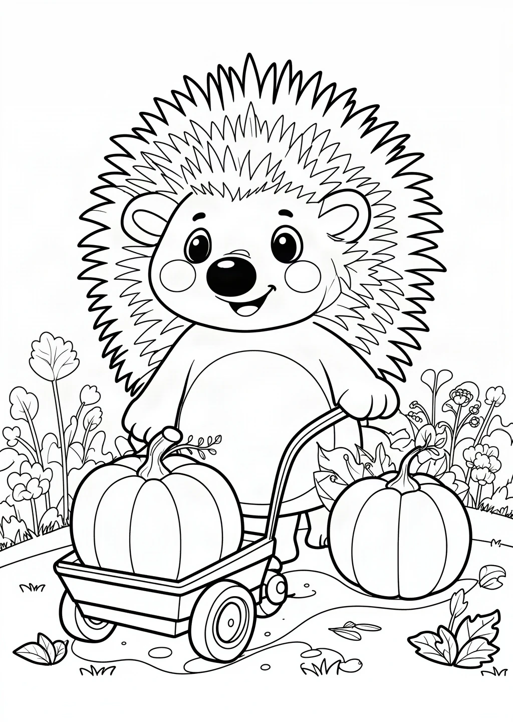 Black-and-white printable of the hedgehog with an autumn pumpkin wagon