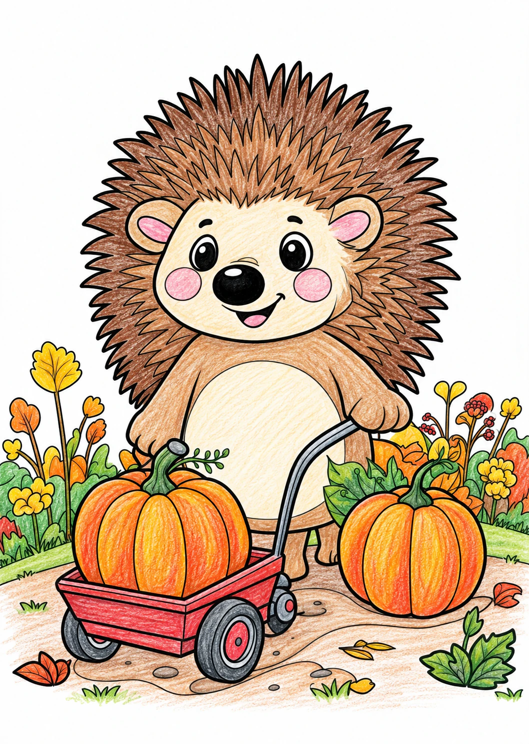 Illustrative colored-pencil version of a hedgehog with an autumn pumpkin wagon