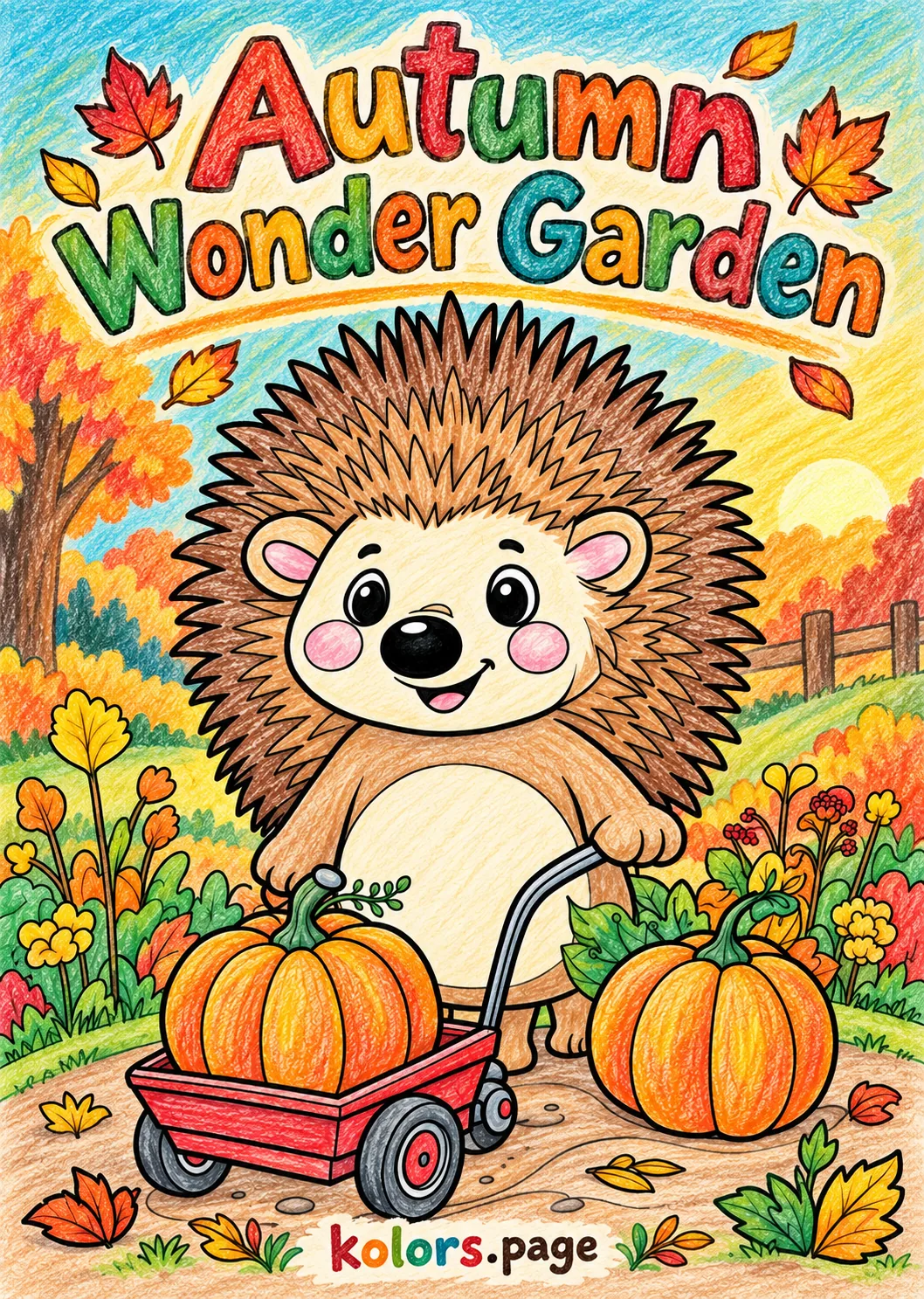 Sample Autumn Wonder Garden cover with a hedgehog and pumpkin wagon, colored in pencil